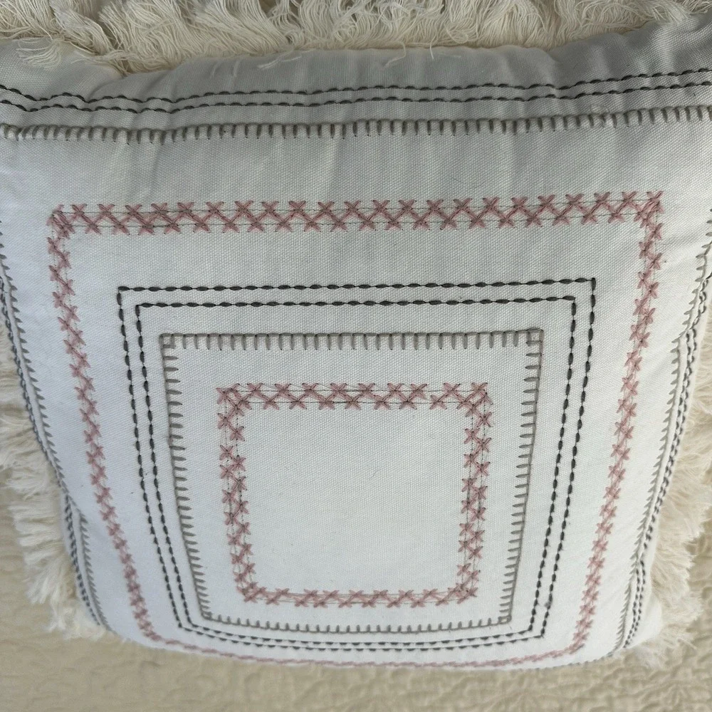 Modern Dreams Throw Pillow‎ 16x16 Inch Cross Stitch Embroidered Geometric White